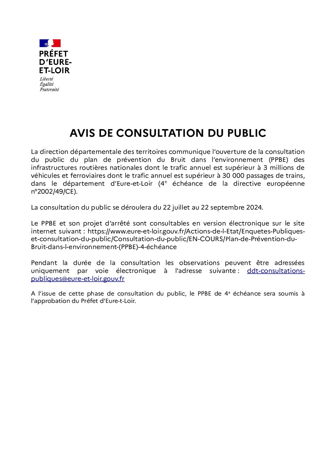 Avis de consultation du public du 22 juillet au 22 septembre 2024