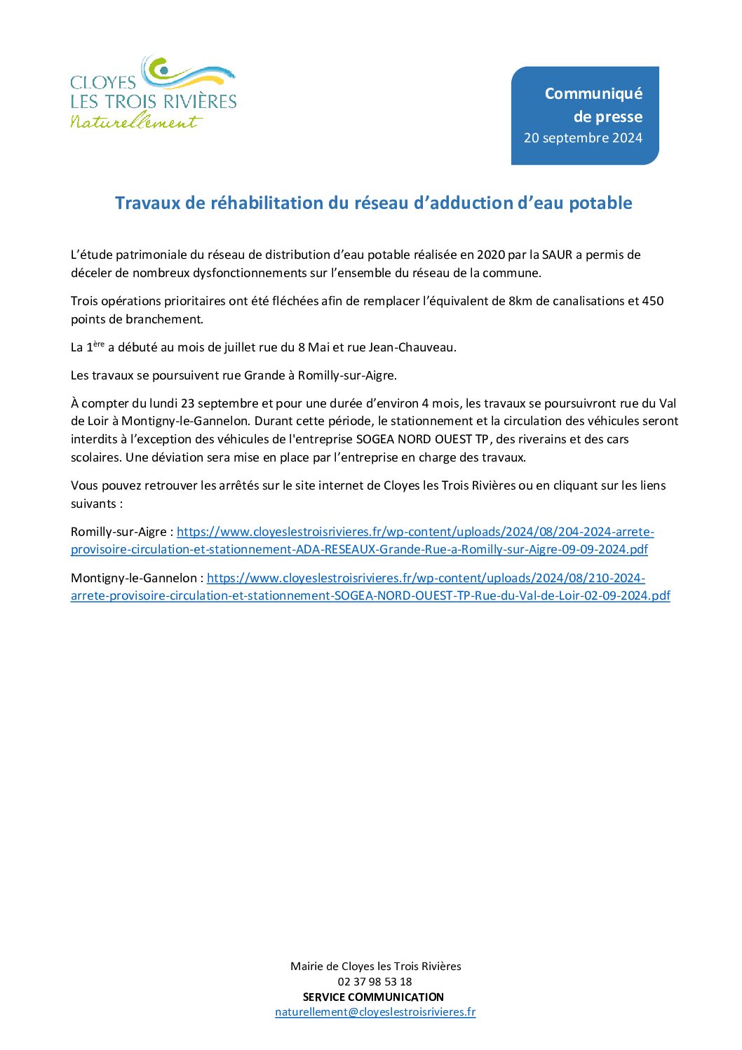 Communiqué de presse – Travaux de réhabilitation du réseau d’adduction d’eau potable