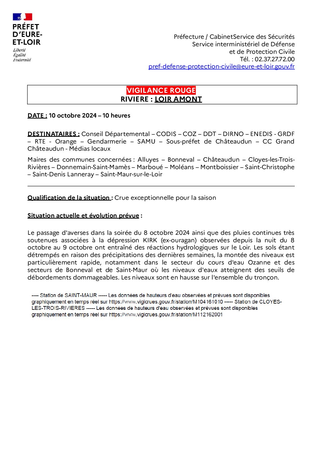 VIGILANCE ROUGE, RIVIERE : LOIR AMONT