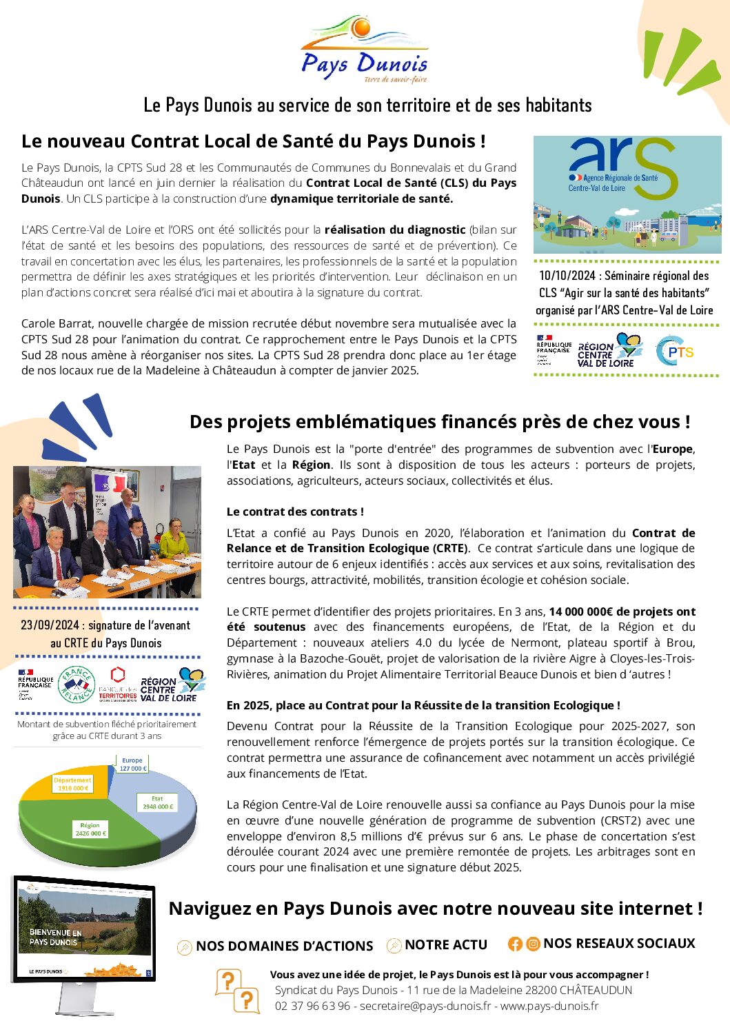 2 missions du Pays Dunois : le Contrat Local de Santé et le CRTE.