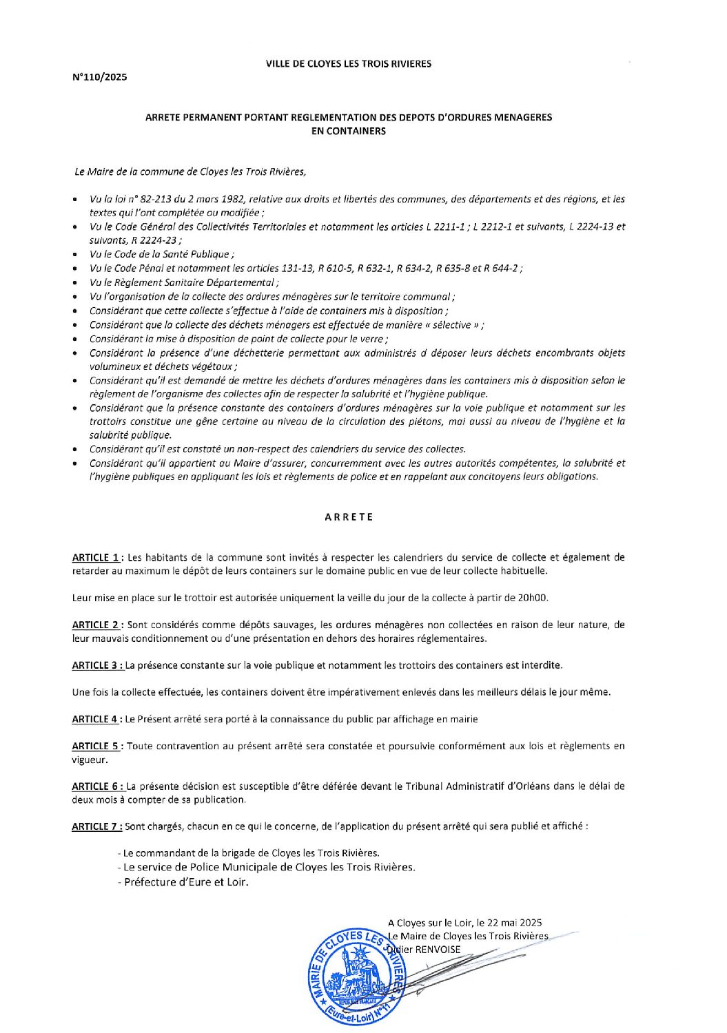 REGLEMENTATION DES DEPOTS D&rsquo;ORDURES MENAGERES EN CONTAINERS