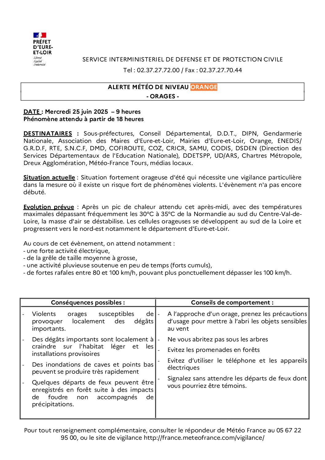 ALERTE METEO DE NIVEAU ORANGE – ORAGES – MERCREDI 25 JUIN 2026