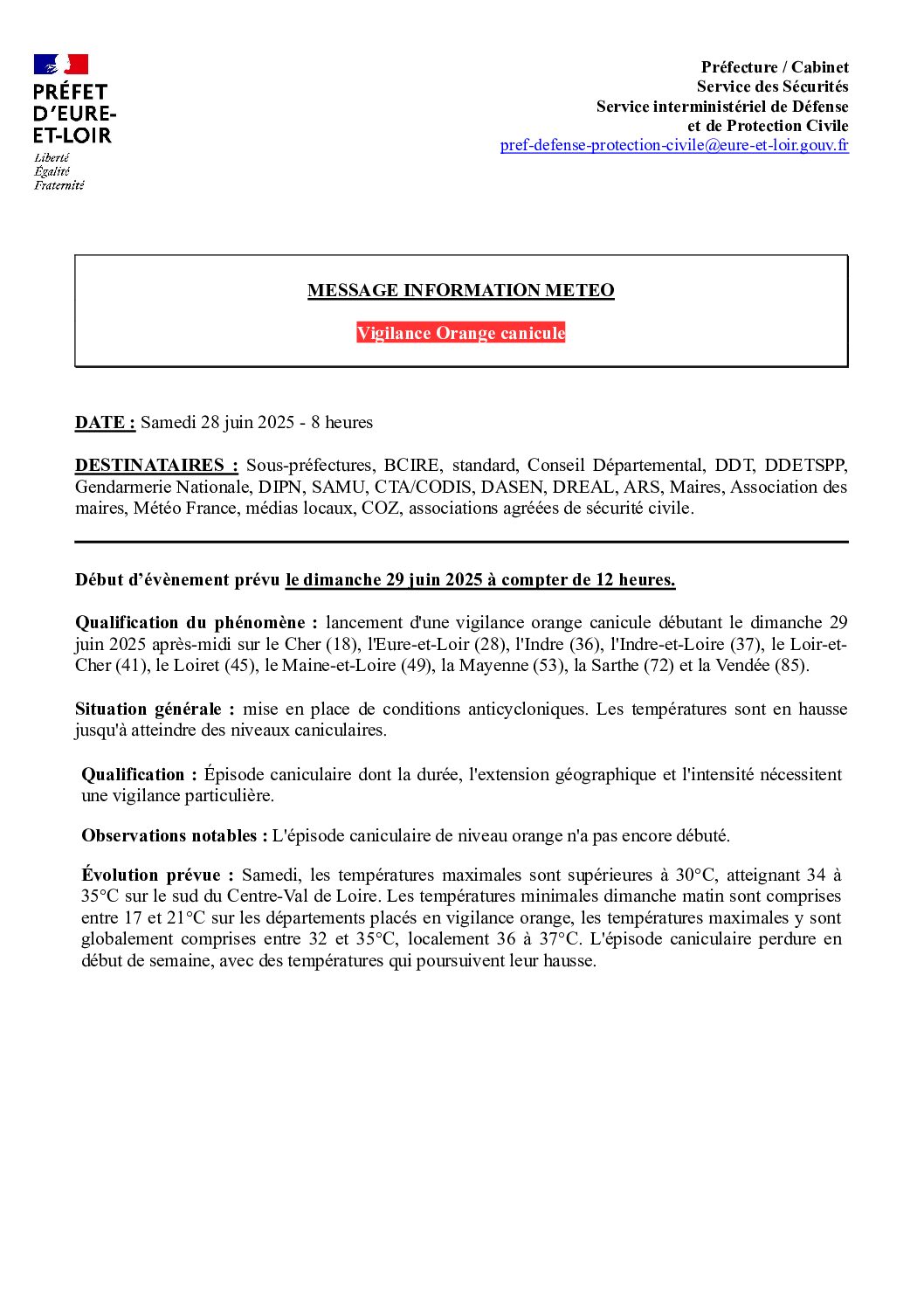 ALERTE CANICULE  VIGILANCE ORANGE A COMPTER DU 29/06/2025