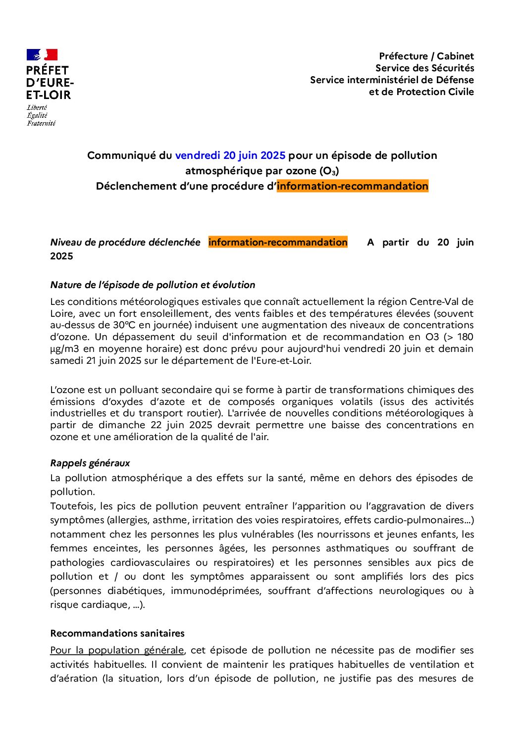 COMMUNIQUE – EPISODE DE POLLUTION ATMOSPHERIQUE